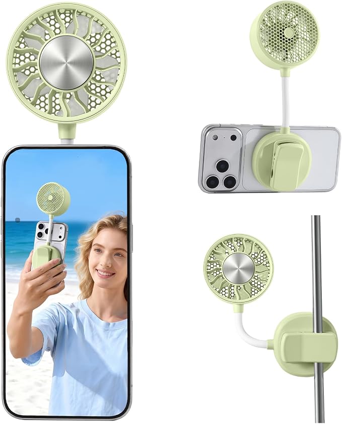 Magnetic Phone Fan with Ice Cooling, 3-in-1 Clip on Fan & Phone Stand, Rechargeable Mini Handheld Fan, 360° Flexible Gooseneck Portable Fan for Cruise Travel Desk Gym Makeup（Green）