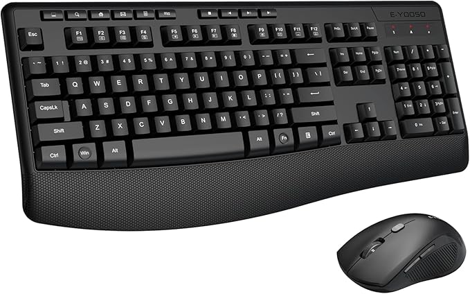 Wireless Keyboard and Mouse Combo, E-YOOSO 2.4GHz Full Sized Ergonomic Wireless Keyboard with Wrist Rest, 3 DPI Adjustable and 6 Buttons Cordless USB Mouse for Computer, Laptop, PC, Windows (Black)