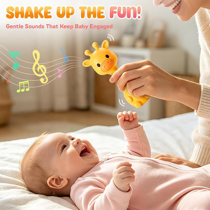 Baby Rattles Teething Toys 3-6 6-12 Month, Multi-Functional BPA-Free Silicone Teether Toys for Teething Relief & Sensory Rattle Play, Perfect Infant Newborn Toys & Baby Gifts (Yellow)