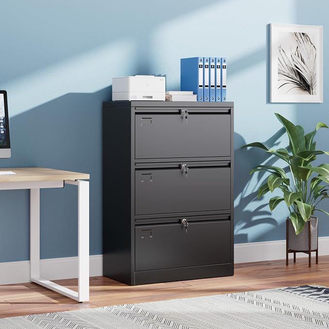 3 Drawer Lateral File Cabinet, Metal Lateral File Cabinets with Lock, Legal Size Steel Lateral Filing Cabinet for Office and Home