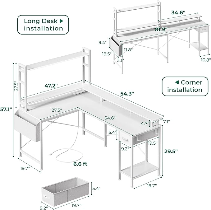L Shaped Desk Gaming Desk with LED Lights & Power Outlets, Computer Desk with Storage Shelves, Corner Desk Home Office Desks for Bedroom, White