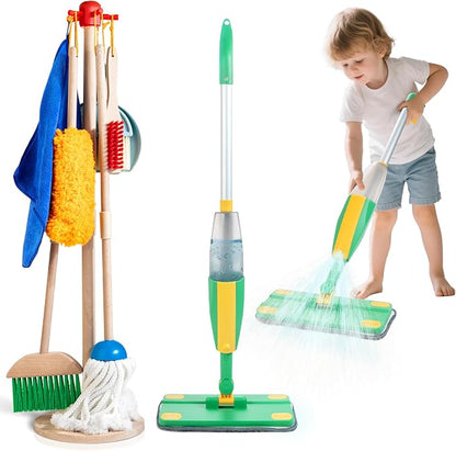 Wooden Kids Cleaning Set with Spray Mop, Montessori Cleaning Toys Real Water Sprayer and Toddler Broom Mop Set, Housework Pretend Play Toy Gift for Boys Girls Ages 3+