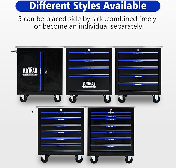 7-Drawer Rolling Tool Chest, Lockable Stainless Top for Garage, Black&Blue | Heavy Duty Modular Roll Around Tool Cabinet with Drawers for Workshop and Tool Box Storage