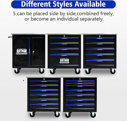 7-Drawer Rolling Tool Chest, Lockable Stainless Top for Garage, Black&Blue | Heavy Duty Modular Roll Around Tool Cabinet with Drawers for Workshop and Tool Box Storage