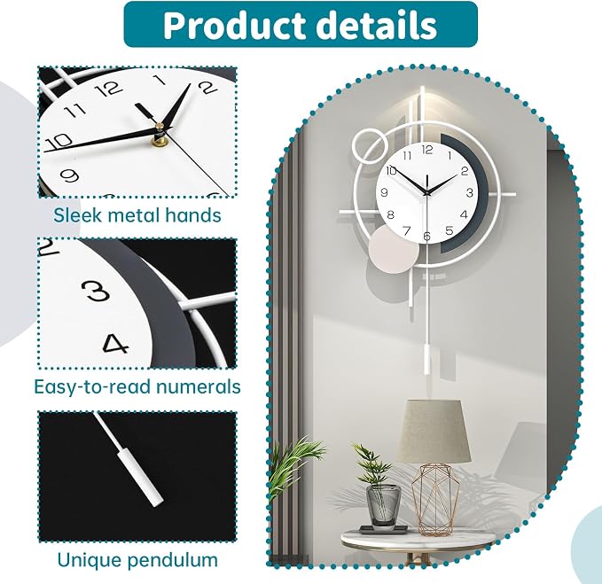 Large Decorative Wall Clock Silent Non-Ticking Quartz Battery Operated Pendulum Wall Clock for Living Room Kitchen Office Bathroom Bedroom Home Wall Art 17.7x27.3 inch