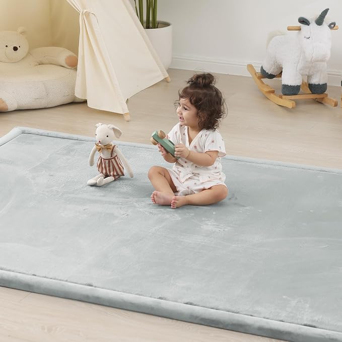 1.5" Thick Padded Baby Play Mat for Floor Tummy Time, Pro Soft Foam Activity Playroom Playmats, Easy Care with Non-Slip Safe for Infant Toddlers Crawling 79"x 158" (Light Grey)