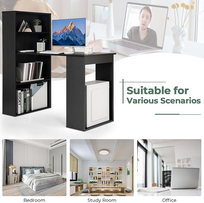 GRAFFY Computer Desk with 6 Storage Shelves - 48" Reversible Writing Desk Workstation with Bookshelf and CPU Stand, Modern Compact Office Desk for Bedroom, Study, Home, Office (Black)