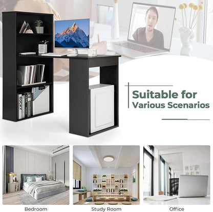 GRAFFY Computer Desk with 6 Storage Shelves - 48" Reversible Writing Desk Workstation with Bookshelf and CPU Stand, Modern Compact Office Desk for Bedroom, Study, Home, Office (Black)