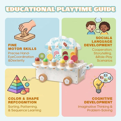 BROWNROOT Wooden Ice Cream Cart for Kids Pull Along Pretend Play Food Toys with Popsicles Ice Cream Cones ToyMontessori Role Play Toy Gift for Toddlers Girls Boys 3 4 5 Years Old