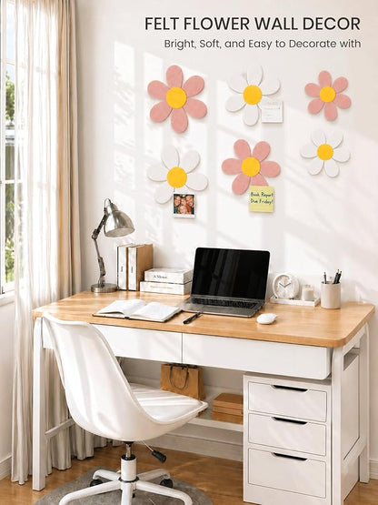 Fluxynara 6 PCS Daisy Felt Flower Wall Decor, Daisy Bulletin Board for Nursery & Girl Room, 3-Size Acoustic Felt Wall Art for Bedroom, Baby’s Room, Kids’ Spaces, Pink/White
