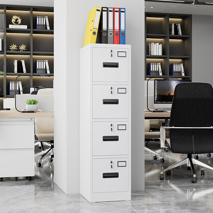 METAN Upgrade Metal 4 Drawer Files Cabinet for Home Office,Lockable Steel File Storage Cabinet with 4 Locks for Hanging Legal/Letter A4 Size, Assembly Required,White