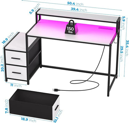 GreenForest Small Desk for Bedroom, 39.4 inch Computer Desk with 2 Drawers, Gaming Desk with LED Light and Power Outlet, Reversible Office Desk with Monitor Stand, Desk for Small Spaces, White