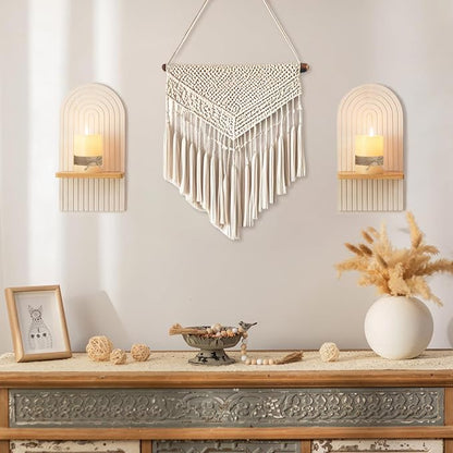 Boho Wall Candle Holder Set of 2 with White Arched 3D Design | Mid-century Candle Sconces, Soild Wood, Modern Minimalist, for Pillar, Plants, Bohemian Art Decor, Beside Fireplace and TV