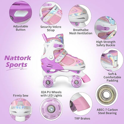Nattork Kids Roller Skates for Boys Girls Kids, 4 Sizes Adjustable Quad Skates with All Light up Wheels - Birthday Gift for Indoor Outdoor Sports