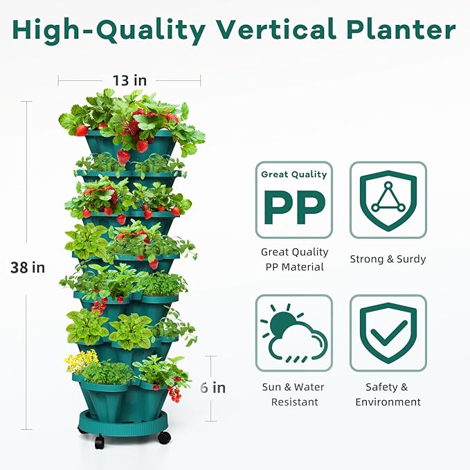 Strawberry Vertical Planters Tower Garden 2 Pack, 7 Tiered Stacking Herb Vegetable Planter with Support Pole Indoor and Outdoor - Hunter Green