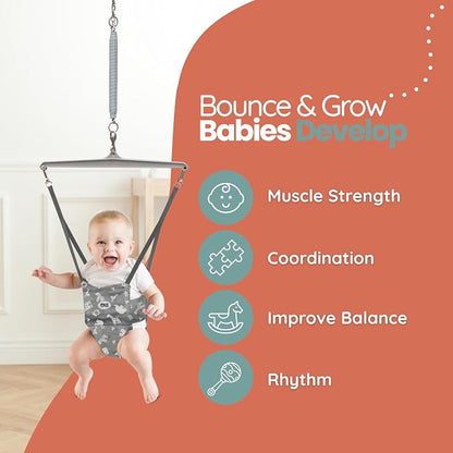 Jolly Jumper Iconic (Grey Safari), Doorway Baby Jumper, Indoor Exercise Saddle Seat, Adjustable Height, for Infants up to 28lbs, Black, No Stand Required