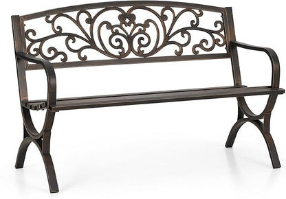 Sophia & William Metal Outdoor Bench, 50" Outdoor Garden Bench Patio Park Bench, Cast Iron Park Benches for Outside with Floral Design Backrest, Bronze