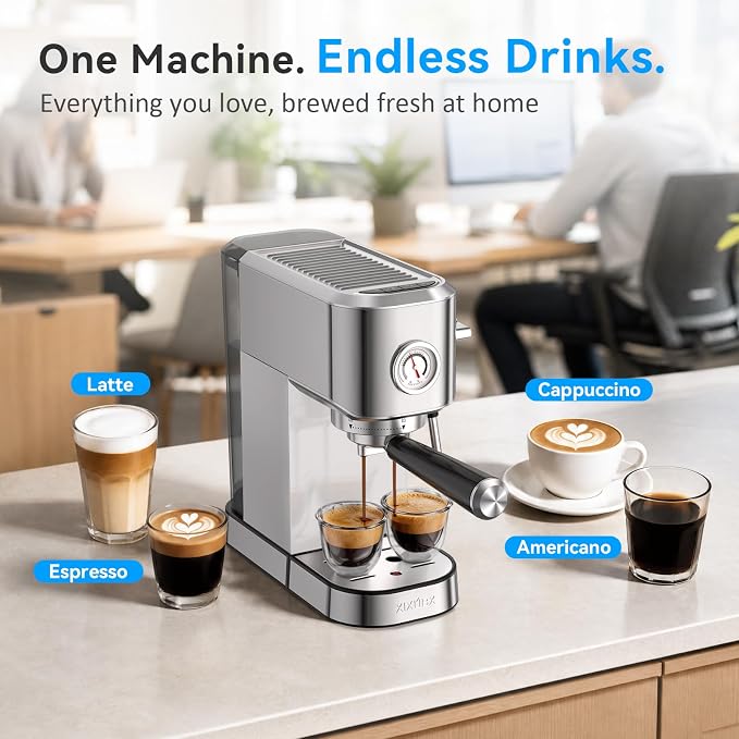 XIXUBX Espresso Machine with Milk Frother for Cappuccino & Latte for Home | 20-Bar Pump, Built-in Pressure Gauge, Powerful Steam Wand, Milk Frothing Pitcher, 42 oz Removable Water Tank, Stainless Steel