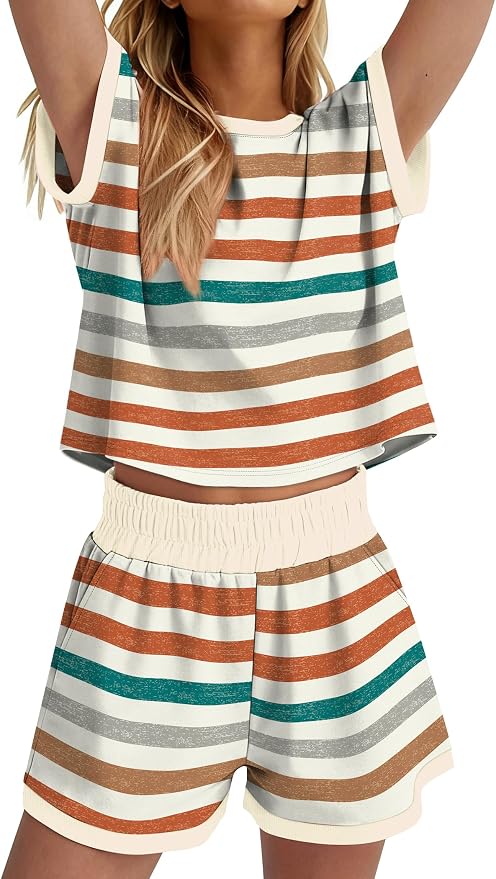 WIHOLL Two Piece Sets for Women Summer Lounge Short Sets Cap Sleeve Crew Neck Sweatsuit with Pocket XS-2XL