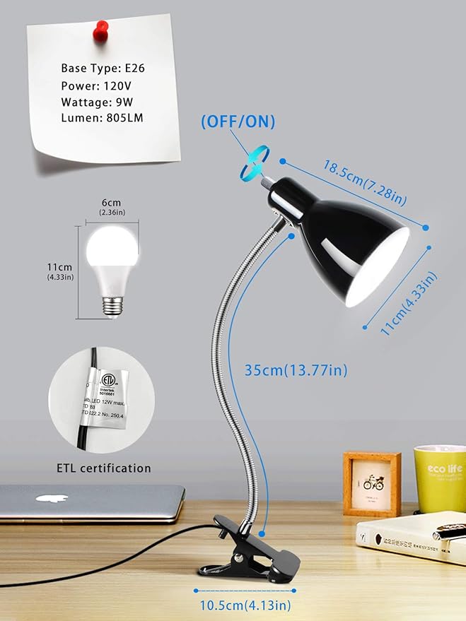 Desk lamp Eye-Caring Table Lamps, 360°Rotation Gooseneck Clip on Lamp Reading Light Portable Reading Book Light, Clamp Light, Study Desk Lamps for Bedroom and Office Home Lighting (Black)