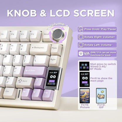 YUNZII AL80 75% Wireless Aluminum Mechanical Keyboard(Beige, Gateron Zero) | QMK/VIA, Smart LCD Display and Knob, Hot Swap, Gasket Structure, BT/2.4G/USB-C, RGB Keyboard for Gaming/Win/Mac