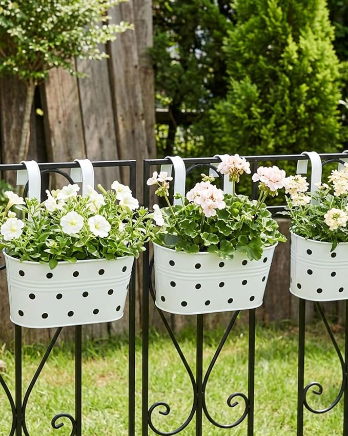 Railing planter box - 3 Pack Metal Hanging Flower Pots with Detachable Hooks & Drainage Holes, Window Oval Bucket Fence Hanging Planters for Outdoor Plants Garden Balcony Home Decor, White with Spot