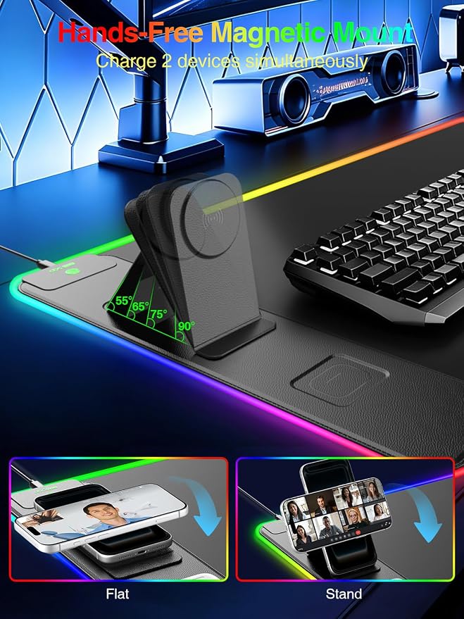 Wireless Charging Mouse Pad with Magnetic Phone Stand, 31.5"x15.8" Large | Gaming Mousepad RGB Desk Mat, Smooth Glide, Stitched Edge, Non-Slip Rubber Base, Waterproof Keyboard Mat, with Adatper