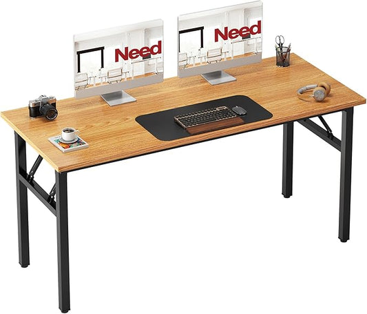 Need Office Computer Desk 54.3 Inch Sturdy Folding Laptop Table Teak | Black Frame Writing Gaming Work Table/Foldable Home Office Desk/Sewing Table, No Assembly Required