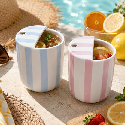 2 Pcs Ceramic Mug with Sip Hole 10 oz Novelty Pink Light Blue Striped Coffee Mug Hand Painted Ceramic Cup Heat Resistant Non Slip Built in One Lid Handcraft Mugs for Coffee Lovers Gift