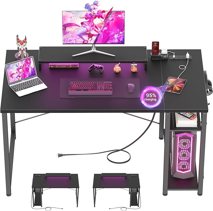 armocity Computer Desk with LED Lights, Gaming Desk with Power Outlet and USB, 40 Reversible Laptop Table with Moveable Monitor Stand, Small Desk for Small Spaces, Office, Gaming Room, Black