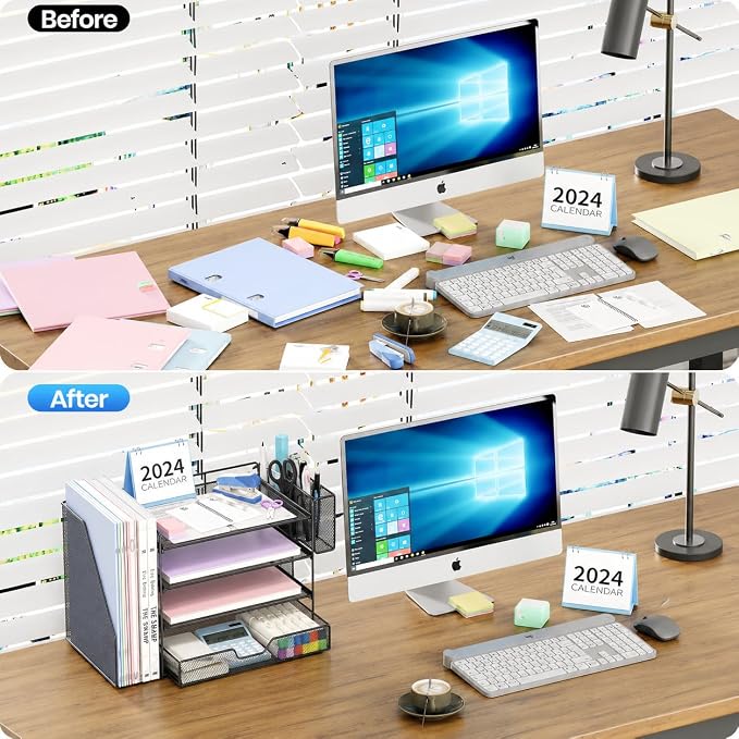 OPNICE Desk Organizers and Accessories, 4-Tier Desktop File Organizer with Drawer and Pen Holders, Office Desk Accessories Workspace Organizers for Office Supplies (Black)