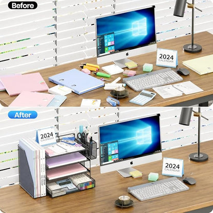OPNICE Desk Organizers and Accessories, 4-Tier Desktop File Organizer with Drawer and Pen Holders, Office Desk Accessories Workspace Organizers for Office Supplies (Black)