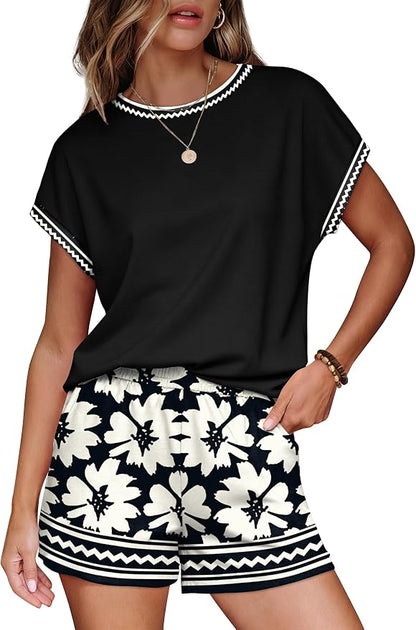 WIHOLL Two Piece Sets for Women Summer Lounge Short Sets Cap Sleeve Crew Neck Sweatsuit with Pocket XS-2XL