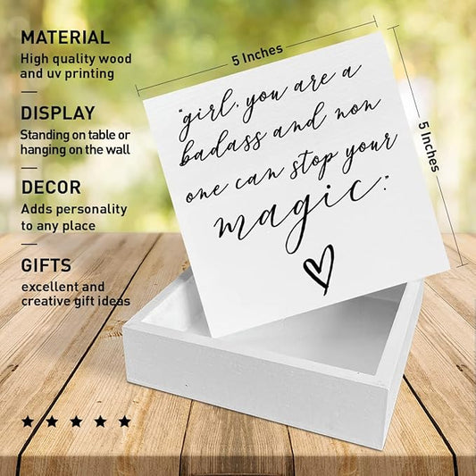 Home Office Desk Wooden Box Sign Decor, Girl Non One Can Stop Your Magic, Inspirational Quotes Desk Decor Motivational Desk Decorations for Women Girls Teens Student Office Classroom School