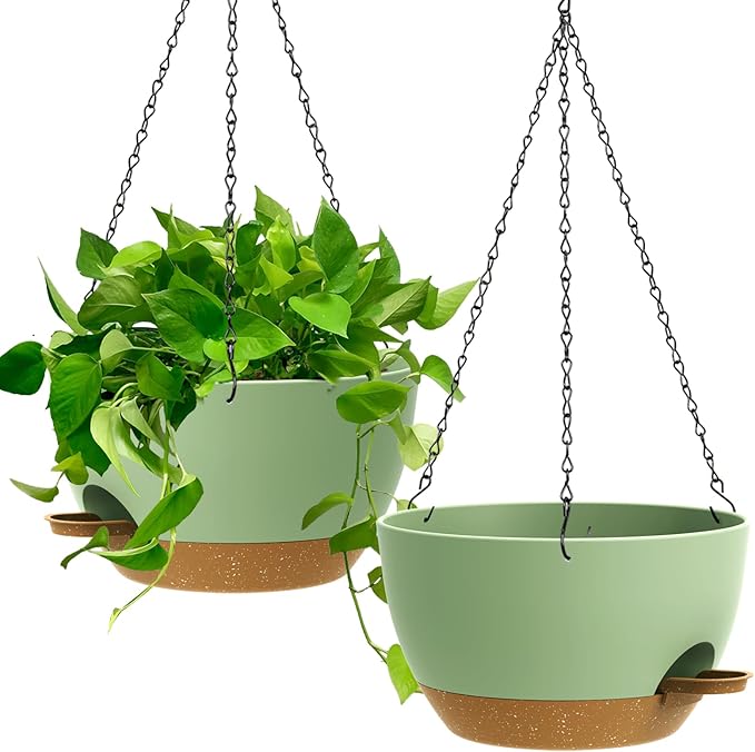 13 Inch 2 Pack Large Self Watering Hanging Planters for Indoor Outdoor Plants, Hanging Plant Pots with Removable 50 Oz Reservoir, Plastic Hanging Basket for Window Porch Garden, Green with Brown