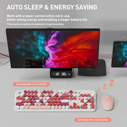 FOPETT 2.4GHz Wireless Keyboard and Mouse Set with Switch Button - Full-Size Keyboard - Compatible for Windows/Laptop/PC/Notebook/Smart TV and More - White Colorful
