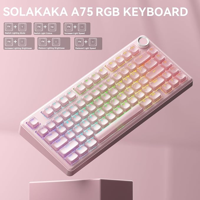 SOLAKAKA A75 Wireless Gaming Keyboard with Multifunction Knob, BT5.0/2.4GHz/USB-C, 75% Mechanical Keyboard, Hot-Swappable, Gasket Creamy Keyboard with RGB Backlit, Crystal Keycaps, for PC/Mac/PC