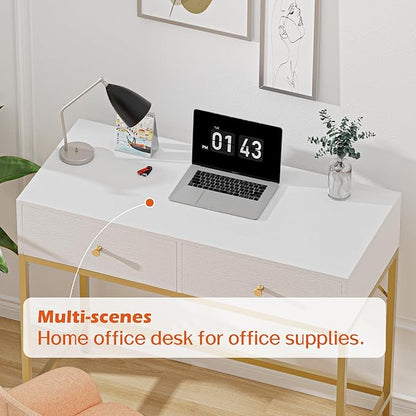 SUPERJARE 35.4" White and Gold Desk with 2 Drawers, Modern Makeup Vanity Desk, Small Computer Desk Home Office Desk for Writing Study Bedroom