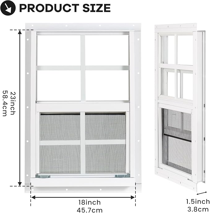 Shed Windows 2 Pack, Chicken Coop Windows 18" x 23" White | Flush Mounted Small Windows with Tempered Glass and Fiberglass Screen for Shed, Barns, Playhouse, Household, Garage