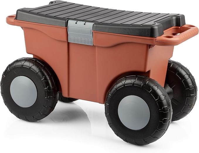 Pure Garden Rolling Garden Cart with Seat - Plastic Storage with Bench and Tool Tray - Gardening Stool for Weeding or Planting (Terracotta)
