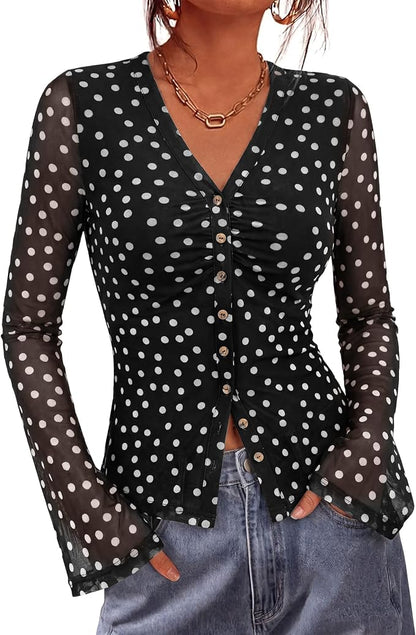 BTFBM Button Down Shirts for Women 2026 Fall Boho Tops V Neck Long Sleeve Blouses Ruched Mesh Fitted Fashion Clothing