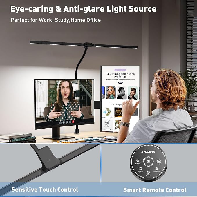 EYOCEAN Desk Lamp with Clamp, 31.5" LED Desk Lamp for Home Office, 24W Gesture Sensing Control Desk Light, Dimmable & Color Temperature, Eye-Caring Office Lamp, Brightest Architect Lamp for Screen