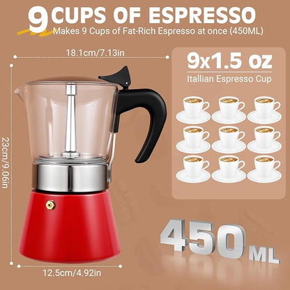 9 Cup 450ml Glass Moka Pot, Stovetop Espresso Maker, Red | Crystal Glass-top & Stainless Steel Coffee Maker, Induction Compatible, for Greca de Cafe, Cuban and Italian Coffee Brewing