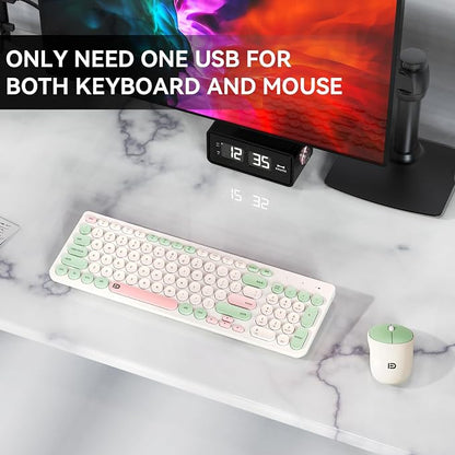 Wireless Keyboards Mouse Combos, Colorful Quiet Keyboard Cute Typewriter Full-Size Retro Round Keycaps, 2.4GHz Sleep Mode Office Wireless Keyboard and Mouse Set for Desktop Laptop PC Computer