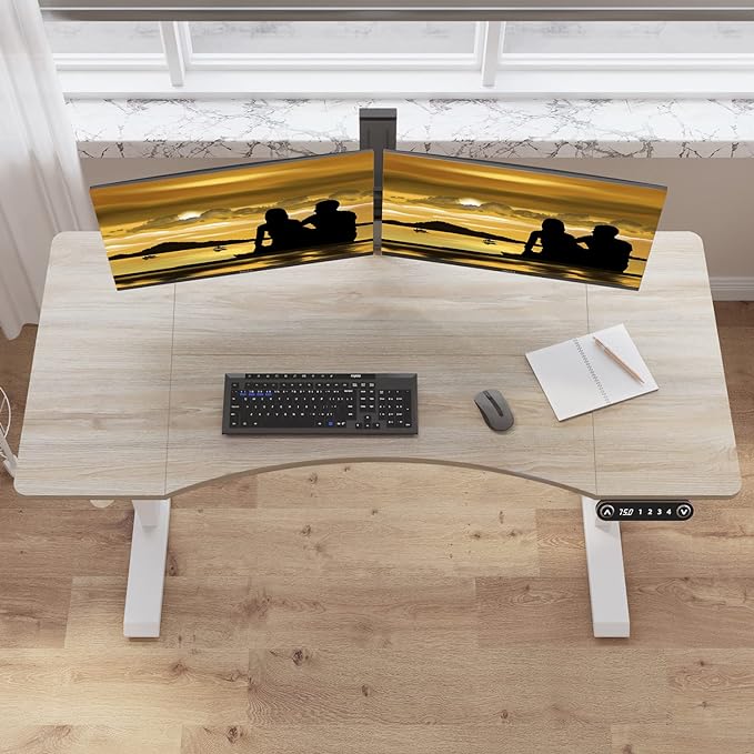 Adjustable Height Electric Standing Desk - 55 x 30 Inch Sit Stand Computer Desk with Splice Board, Stand Up Desk Table for Home Office, White Frame/Oak Top(with Radian)