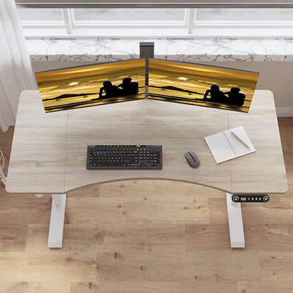 Adjustable Height Electric Standing Desk - 55 x 30 Inch Sit Stand Computer Desk with Splice Board, Stand Up Desk Table for Home Office, White Frame/Oak Top(with Radian)