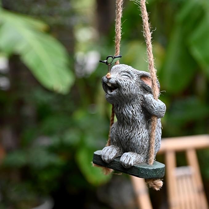 OwMell Garden Rabbit Statues, Cute Swing Bunny with Butterfly Statue Decoration for Yard Hanging Outdoor, Tree Ornaments Figurine for Stump Branch Lawn Patio Decor