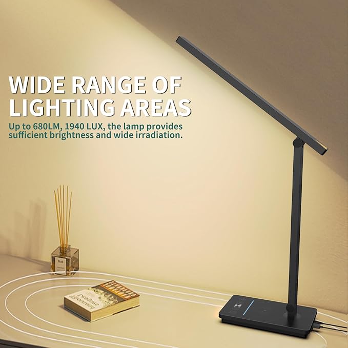 10 in 1 Smart Desk Lamp, Desk Table Lamp for Office, Eye-Caring Office Lamp with Night Light, Lamp for Desk with 10W Wireless Charger, Dimmable Touch Lamp for Home College Dorm Reading Study Work Room