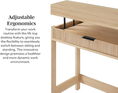Walker Edison Office Writing and Computer Desk Spacious Desktop, Complementary in Living Spaces, 38 Inch, Reeded Lift-Top Coastal Oak