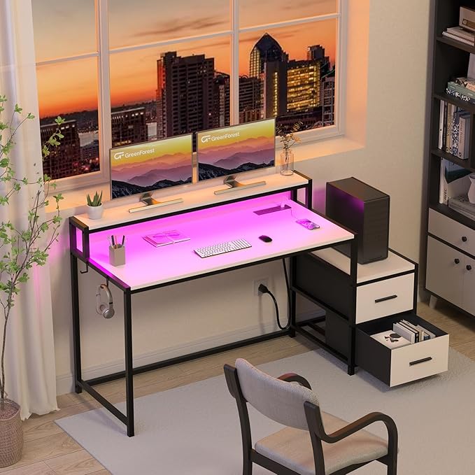 GreenForest Small Desk for Bedroom, 39.4 inch Computer Desk with 2 Drawers, Gaming Desk with LED Light and Power Outlet, Reversible Office Desk with Monitor Stand, Desk for Small Spaces, White